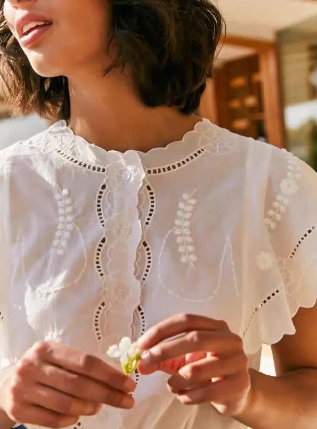 Niche Hollow Embroidery Design Sense Ruffle Top White - Shop at LoveMi