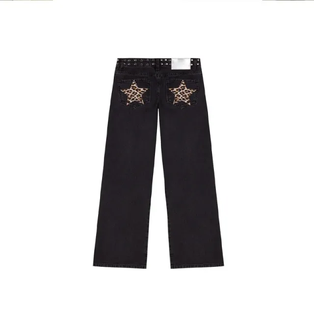 Leopard Print Five pointed Star Deconstructing Jeans For Women Black - Shop at LoveMi