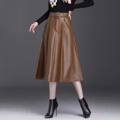 Autumn And Winter A Line PU High Waist Pleated Leather Leather Skirt - Brown - View 1
