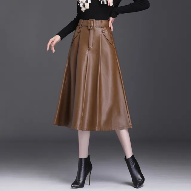 Autumn And Winter A Line PU High Waist Pleated Leather Leather Skirt Brown - Shop at LoveMi