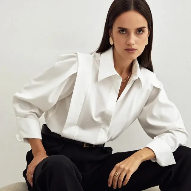 Niche European, American And French Style Commuter Right angle Shoulder Slimming Shirt Women's Long Sleeve Stitching Sense White - Shop at LoveMi