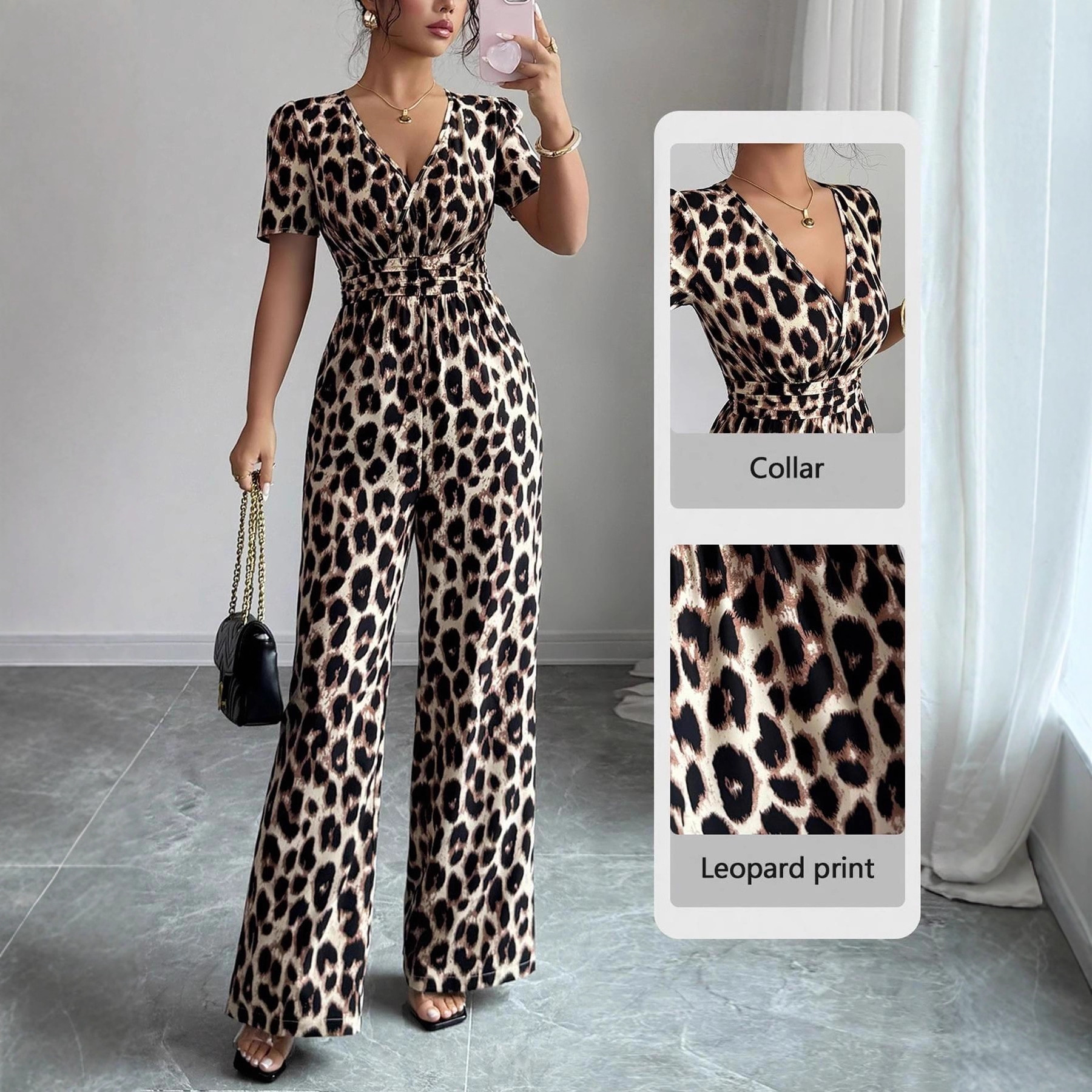 Leopard-print V-neck Jumpsuit Y2K Style With A Fitted Waist And Pleated Wide-leg Design