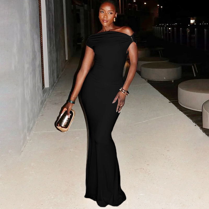 New Fashion Pleated Slim Solid Color Dress Women