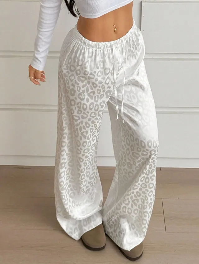 Drawstring Leopard Print Mop Wide Leg Pants White - Shop at LoveMi