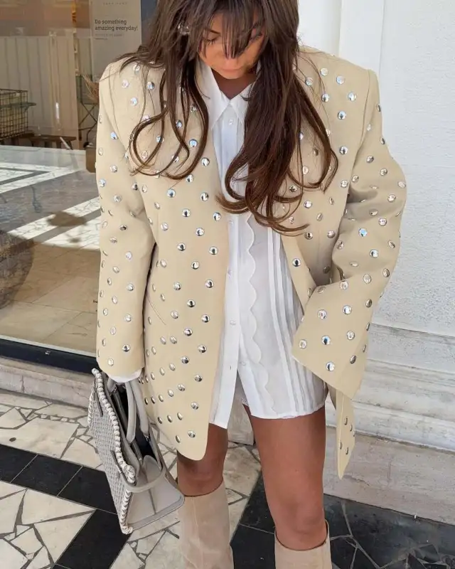 Long Sleeve Fashion Casual Rivet Dress Blazer Light Beige - Shop at LoveMi