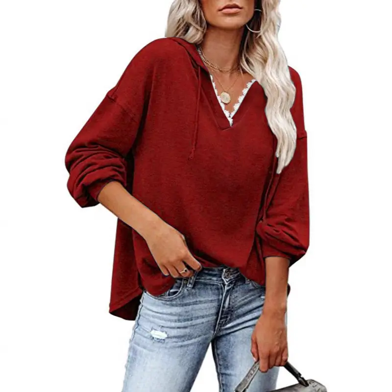 Casual Hooded Lace V-neck Long-sleeve Sweatshirt