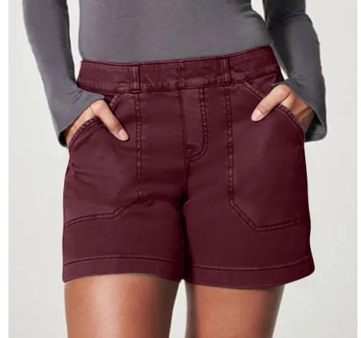 Women's High Waist Overalls Casual Pants Cotton And Linen Thin A Line Six Inch Wine Red - Shop at LoveMi