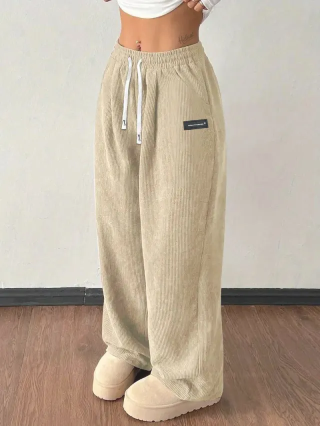 Loose Drawstring Solid Color Pocket Casual Versatile Pants Women's Pants Apricot - Shop at LoveMi