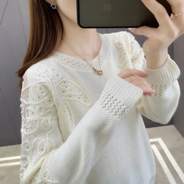 Pullover Lace Bottoming Shirt Long Sleeve Loose Hollow Knitted Sweater For Women Beige - Shop at LoveMi