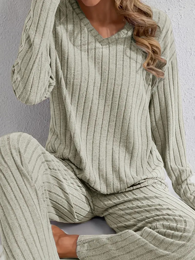 Women’s Ribbed Long Sleeve Top and Pants Loungewear Set