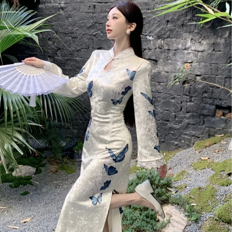 Women's Retro Chinese-Style National-Style Silk Velvet Cheongsam Dress - Picture Color-M