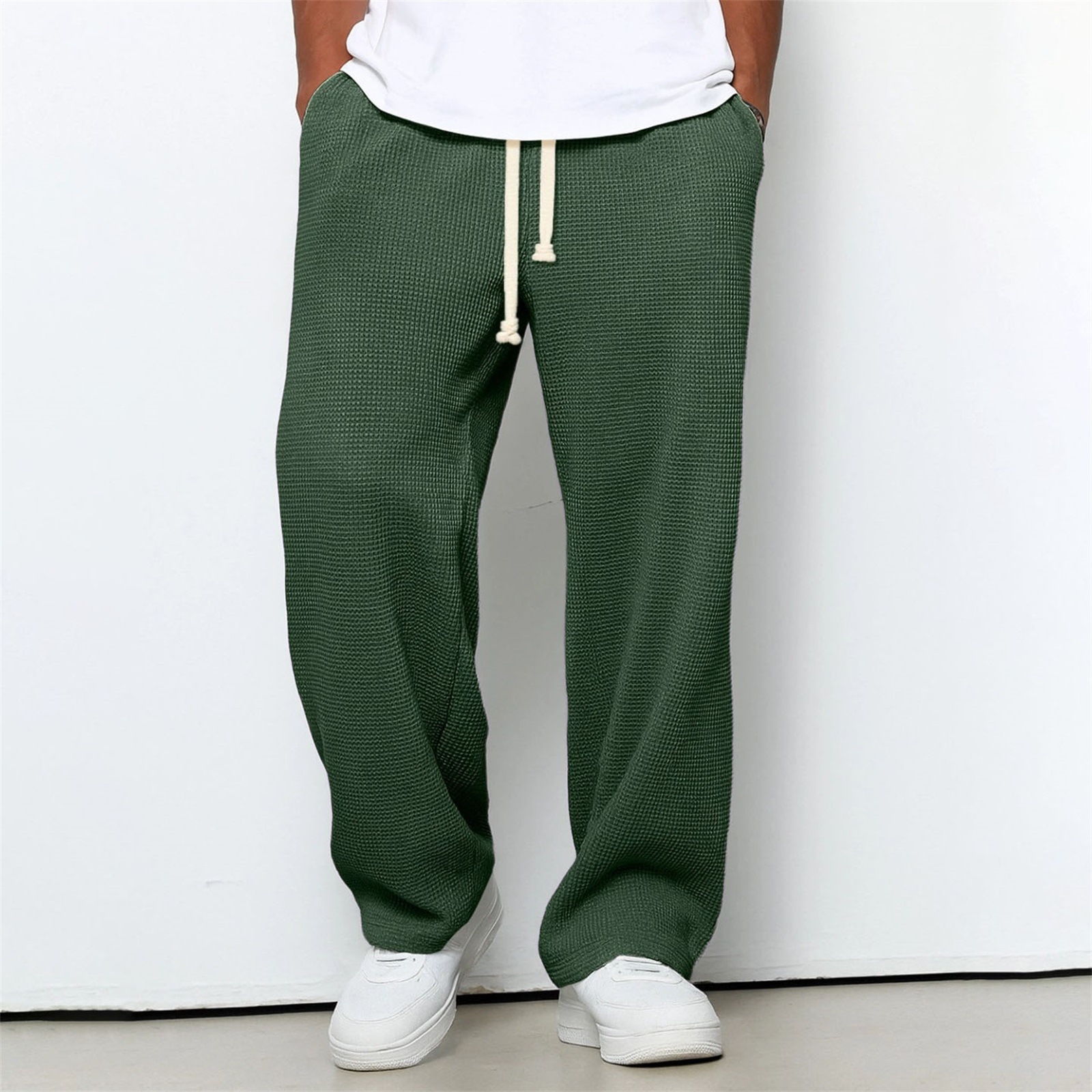 Mens Relaxed-fit Waffle-knit Wide-leg Athleisure Pants
