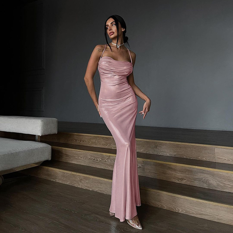 YJ24502 Autumn 2024 New Socialite Style Elegant Sexy Slim Fit Spaghetti Strap Basic Evening Gown Dress Women