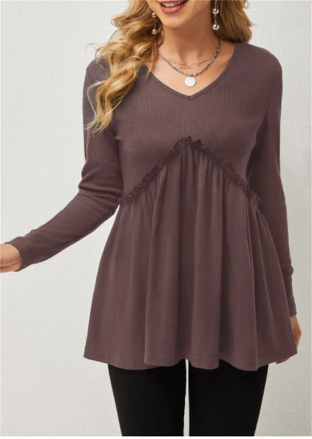 Loose fit Ruffled Pleated V neck T shirt For Women Vermilion - Shop at LoveMi