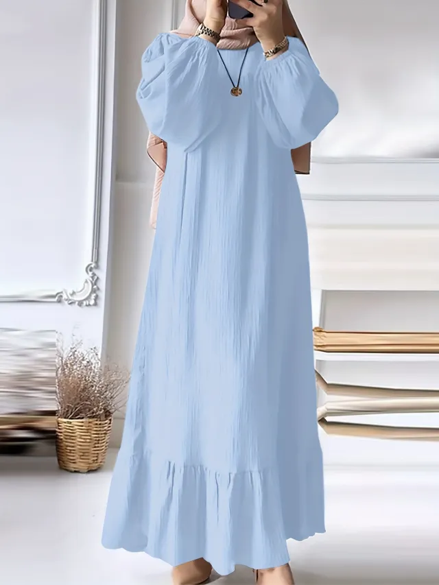 Fashion Solid Color Round Neck Ruffled Long Sleeve Dress Light Blue - Shop at LoveMi