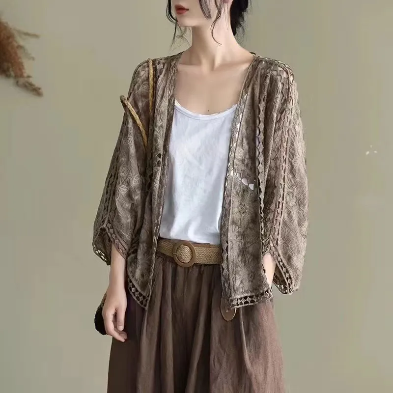Cardigan Women Coat Lace Crochet Beach Sun Protection - Brown