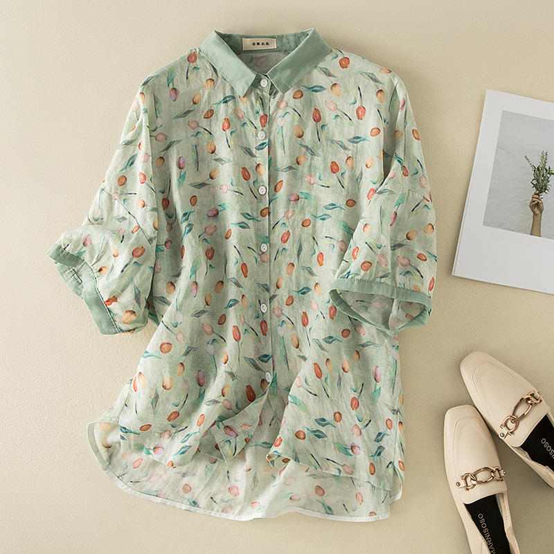 Literary Vintage Lightweight Breathable Short-sleeve Printed Shirt