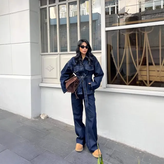 Women's Retro Waist Lace up Waist controlled Lapel Denim Coat Trousers Set Set S - Shop at LoveMi