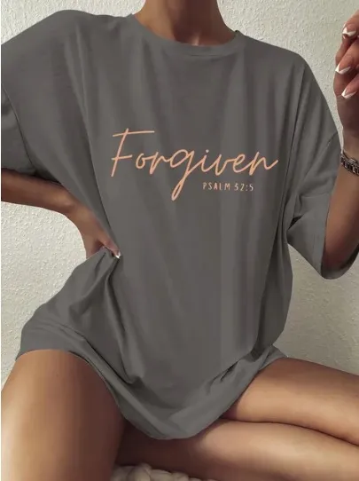 Versatile Simple Letter Print Loose Women's Cotton T shirt Gray - Shop at LoveMi