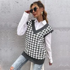 Loose Houndstooth V-neck Knitted Vest Women - Dark Grey - View 1