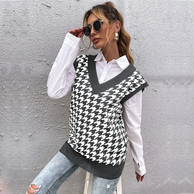 Loose Houndstooth V neck Knitted Vest Women Dark Gray - Shop at LoveMi