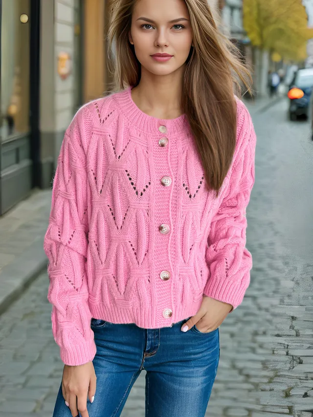 Button Knitted Cardigan Sweater Coat Pink - Shop at LoveMi