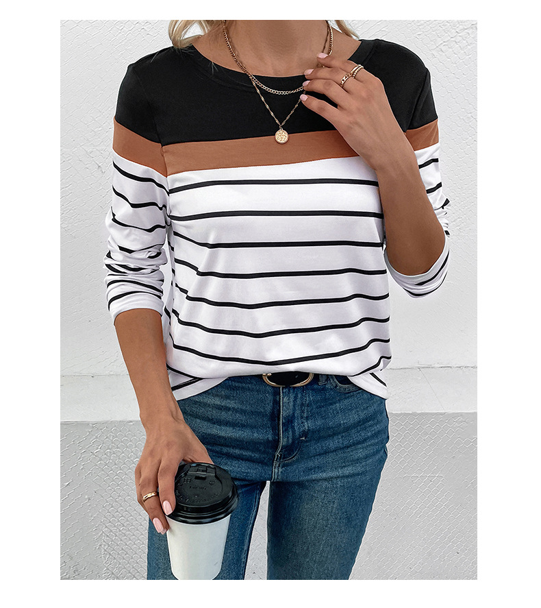 Leisure Top Pullover Patchwork Round Neck Long-sleeved Striped T-shirt