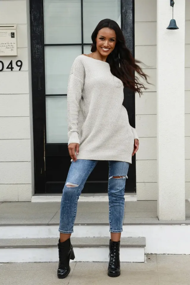 Mid length Off neck Loose Sweater Coat White - Shop at LoveMi