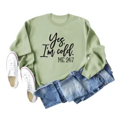 Loose Casual Letter Print Sweatshirt Yes' I M Cold New Round - Olive - View 1