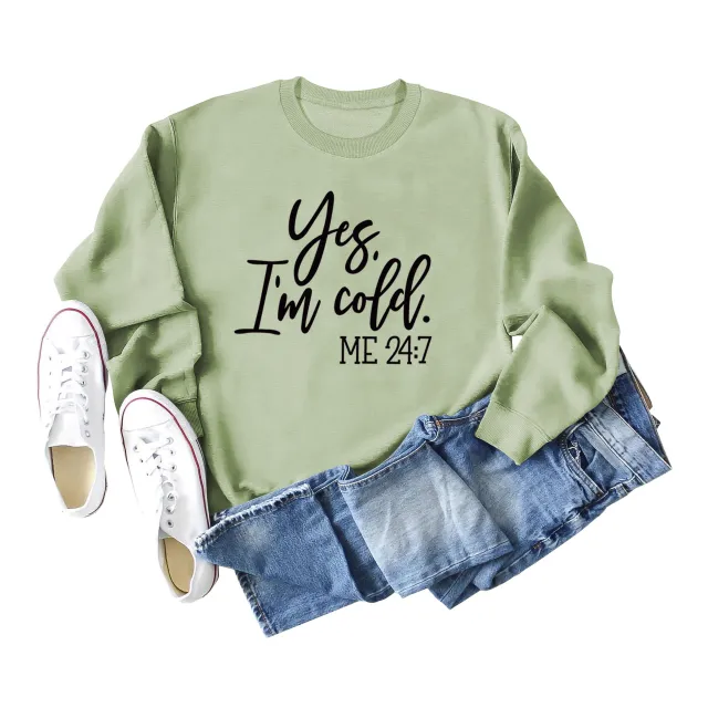 Loose Casual Letter Print Sweatshirt Yes' I M Cold New Round Olive Green Sweater - Shop at LoveMi