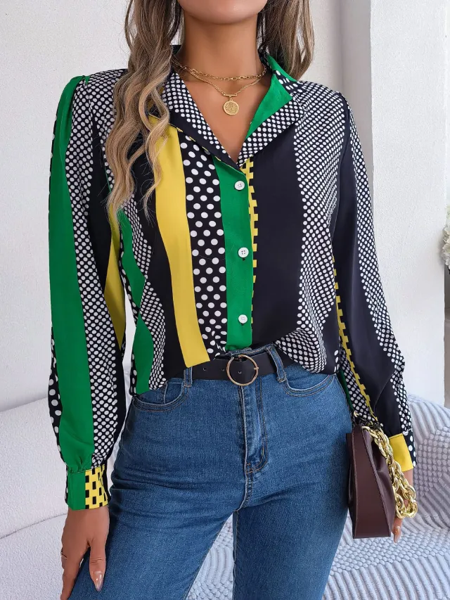 Contrast Color Polka Dot Suit Collar Long Sleeve Shirt Green - Shop at LoveMi