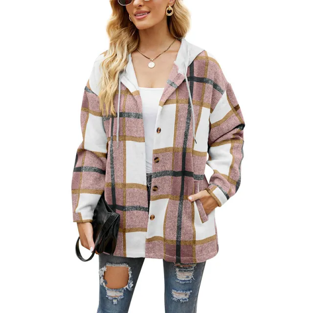 Ladies Plaid Coat Hooded Casual Loose Shirt Pink - Shop at LoveMi