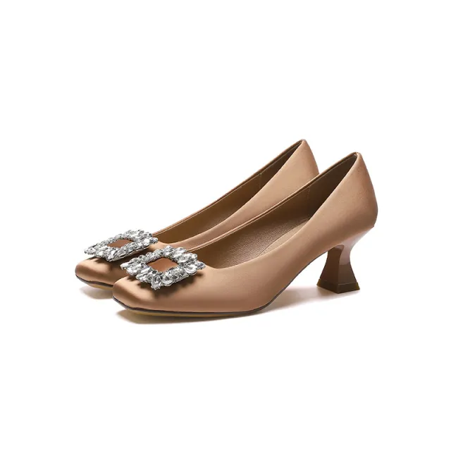 Square Toe Stiletto Heel Low cut Rhinestone Square Buckle Classy Shoes Pink - Shop at LoveMi