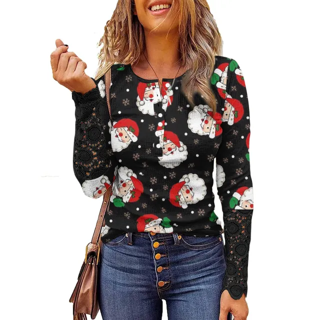 Lace Christmas Printed Button Round Neck Long Sleeve Bottoming Shirt Picture Flower 8 - Shop at LoveMi
