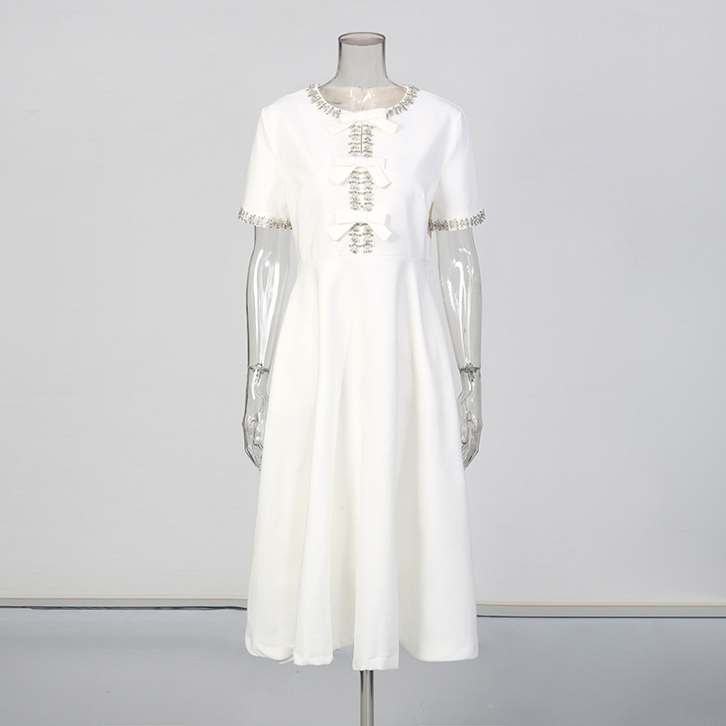 New Stylish Long Dress With A Round Neckline Bow Detail And Patchwork Design