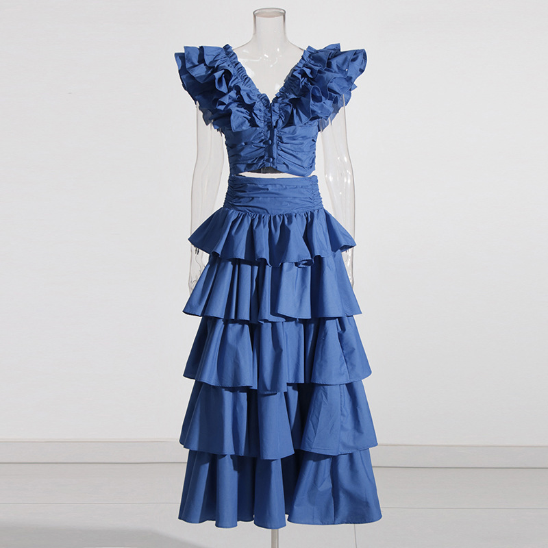 Vacation Style Fashion Casual Set Short Top Ruffled High Waist Skirt Blue - Shop at LoveMi