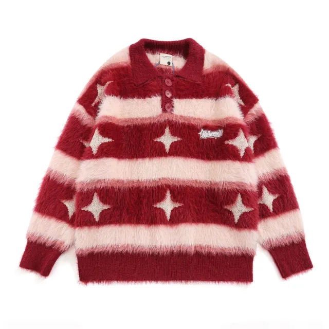 American style Vintage Fleece lined Striped XINGX Lapel Sweater Red - Shop at LoveMi