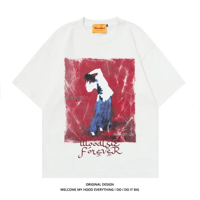 High Street American Retro Oil Painting Printed Round Neck Short Sleeve White - Shop at LoveMi