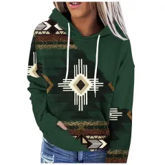 Women's Hooded Multicolour Printing Sports Pocket Drawstring 3D Retro Sweater - Jhy241 - View 1