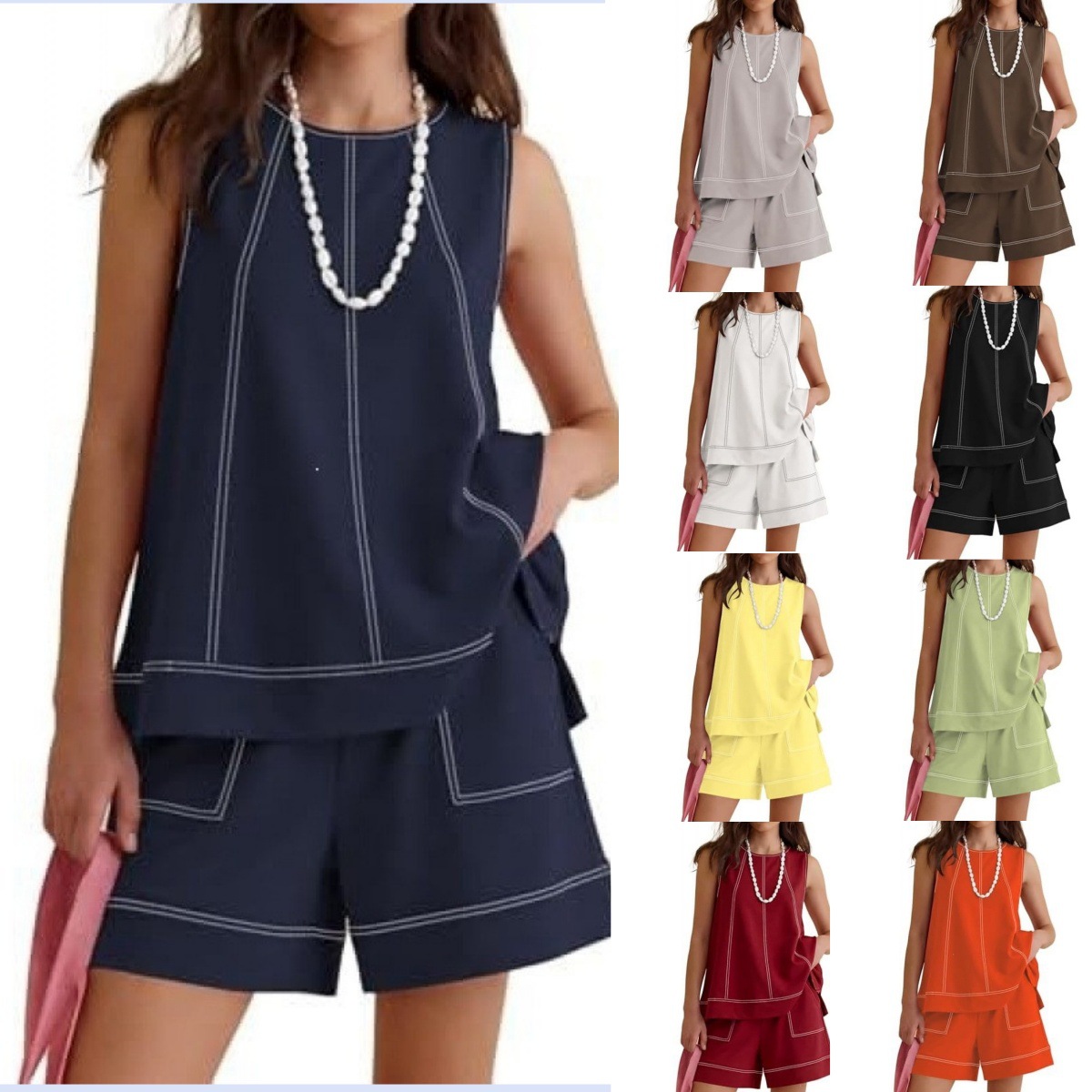 Summer Crew-neck Sleeveless Tank Top With Drawstring