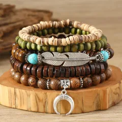 Simple Fashion Bohemian Feather Crescent Wooden Bead Bracelet - Multicolour - View 1
