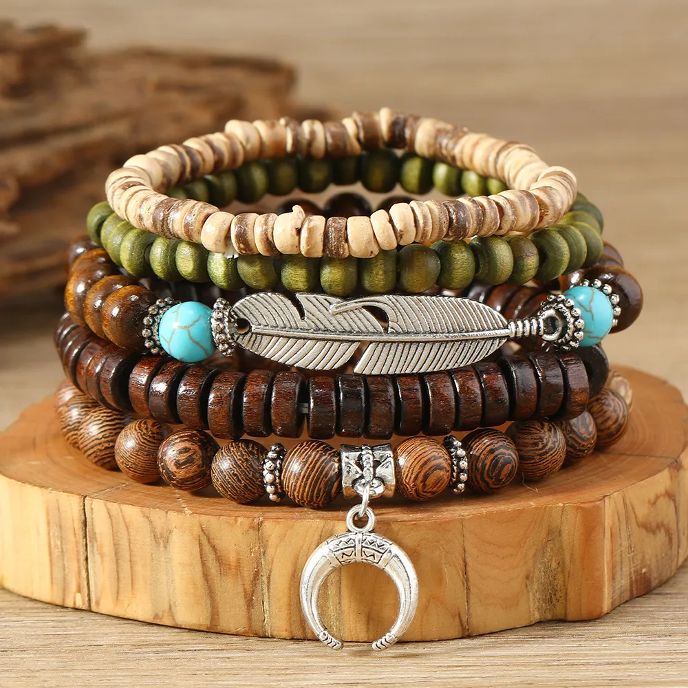 Simple Fashion Bohemian Feather Crescent Wooden Bead Bracelet - Multicolour