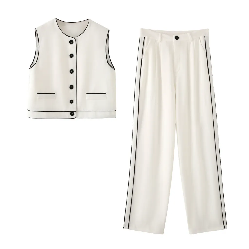 Women's Black And White Color Matching Vest Casual Suit