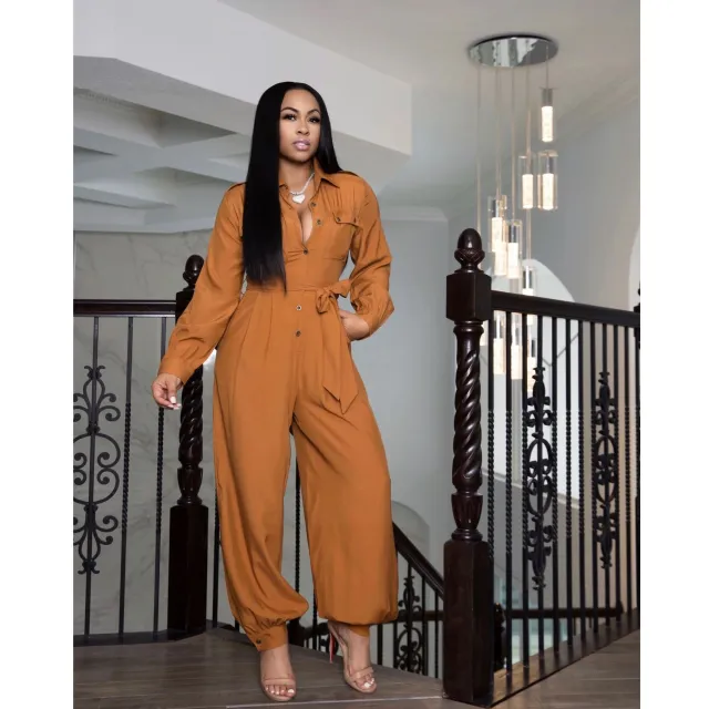 Solid Color Loose Jumpsuit Women Khaki - Shop at LoveMi