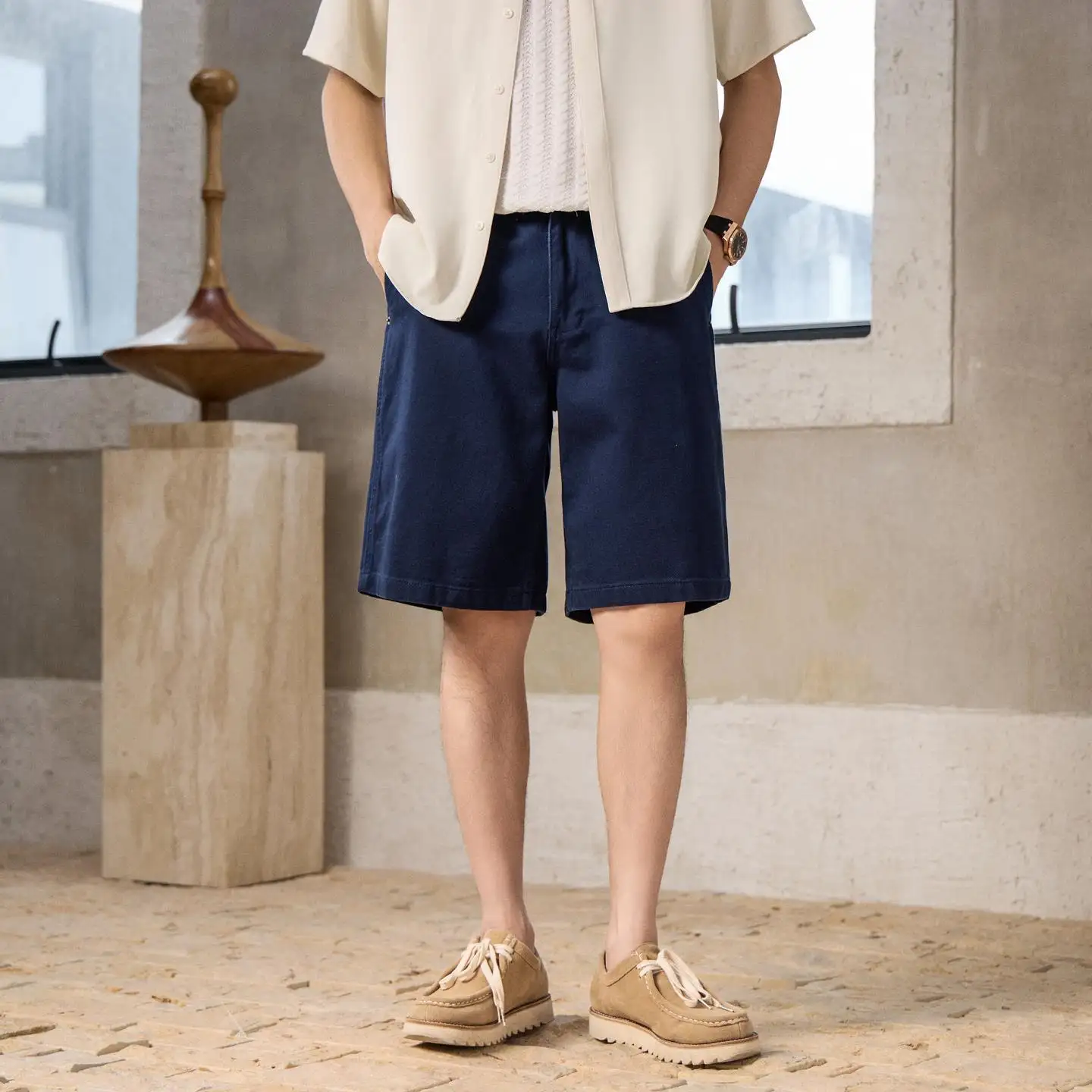 Non-stretch Navy Blue Wide-leg Mens Denim Shorts