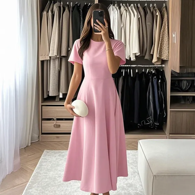 Womens Solid Color Casual Elegant Short Sleeve Maxi Dress Pink - Shop at LoveMi
