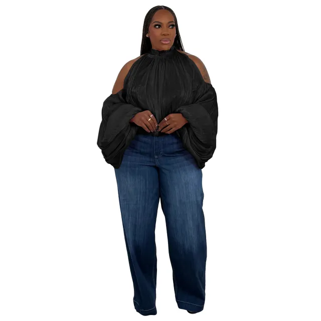 Design forward Womens Top With An Off the shoulder Cut And Puffed Organza Sleeves Black - Shop at LoveMi
