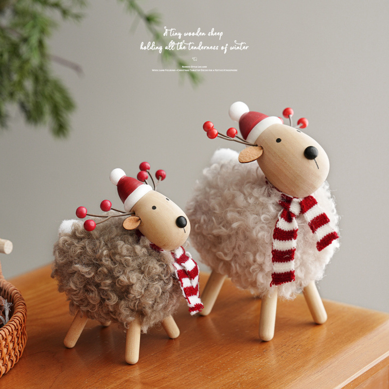 Christmas wooden scarf lamb ornament (woolen bell lamb)