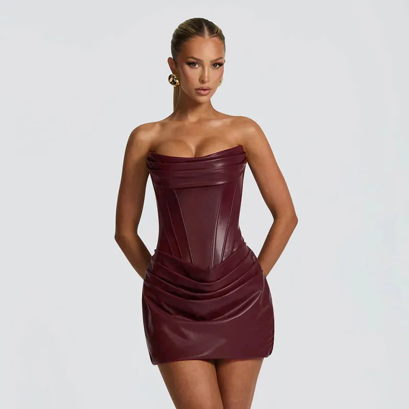 New Solid Color Sexy PU Pinch Pleated Fishbone Tube Top A- Line Dress - Wine