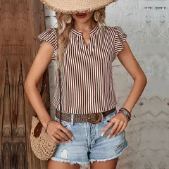Summer Women's Casual V-neck Striped Shirt - Coffee - View 1